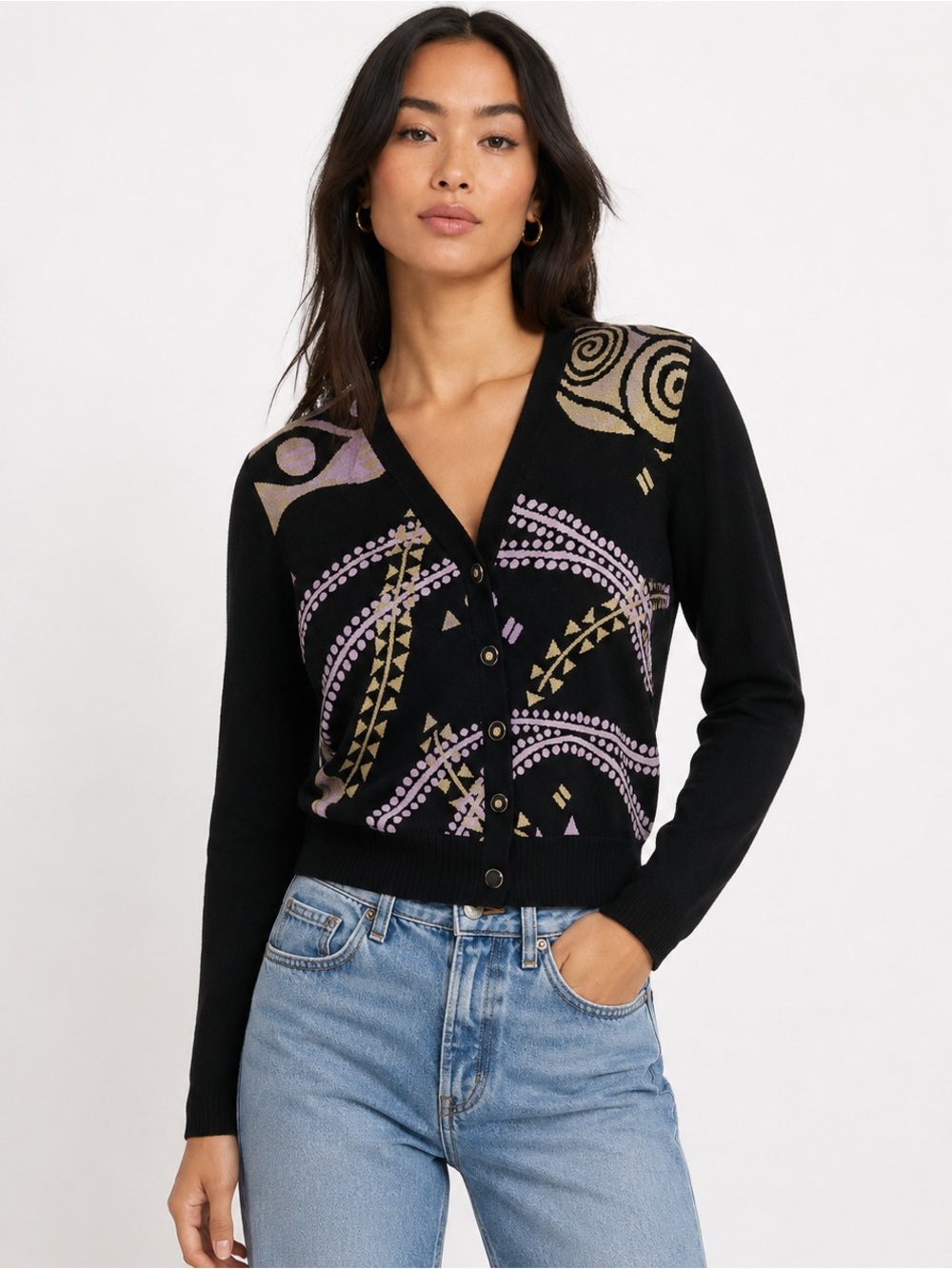 St. John Santana Knit Cropped Cardigan Petite P Black Lilac Gold Y2K